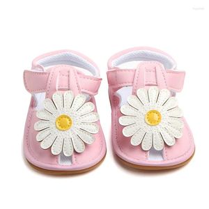 Sandálias bebê verão sol flor bonito sapatos macios sola borracha naissance pu couro meninas 11cm 12cm