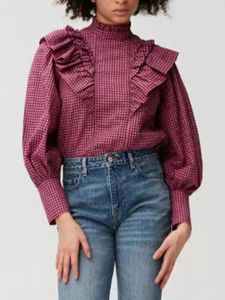 Женские блузки 2023, весенняя водолазка с рюшами и клетчатой рубашкой из жатого хлопка, женский топ
