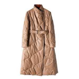 Echtleder-Daunenmantel für Damen, Winter-Gänsedaunenjacken, Pufferjacke, Oberteile, Gürtel, warme Parkas, schwarz, schlank