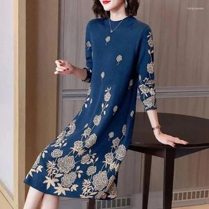 Casual Kleider Elegante Stehkragen Koreanische Gedruckt Diamanten Damen Dresse frauen Kleidung 2023 Herbst Winter Übergroßen Büro Dame Midi