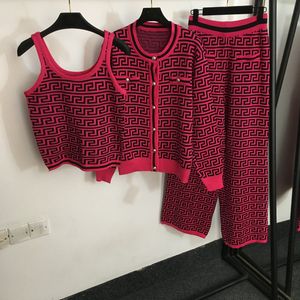 Novo designer de 3 peças define roupas femininas manga longa único breasted cardigan jaqueta casaco + colete + calças perna larga moda feminina conjunto de malha ternos três peças