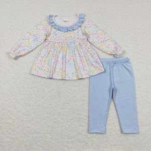 Clothing Sets Wholesale Long Sleeves Floral Tunic Tops Blue Cotton Legging Pants Children Kids Two Pieces Toddler Outfit Baby Girls Flower