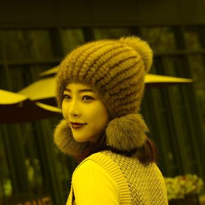 Berets Real Genuine Natural Knitted Mink Hat Winter Warm Knit Hats Women Fur Ball CapBerets BeretsBerets