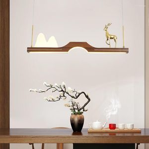 Pendant Lamps Chinese Restaurant Tea Room Chandelier Walnut LED Strip Lamp Creative Personality All Copper Modern Minimalist