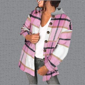 Jaquetas femininas Mulheres Xadrez Shacket Jaqueta Manga Longa Botão Down Fleece Com Capuz Quente Inverno Olive Anorak