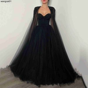 Party Dresses Sevintage Black A Line Tul 2 Pieces Prom Dress with Beading Detachab Cape Evening Dresses Lacing Back Formal Party Gowns 0408H23