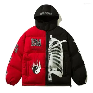 Men's Down Mens Winter Hooded Parka Jacket Skeleton Print Streetwear Oversized Coat Harajuku Loose Thick Warm Outwear Unisex
