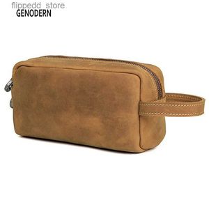 Cosmetic Bags Genuine Leather Travel Cosmetic Bag For Men Travel Toiletry Bag Dopp Kit Organizer Large Capacity Vintage Crazy Horse Skin Bag Q231108