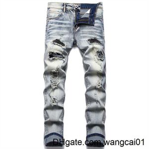 Mäns jeans män retro blå jeans rippade trendiga stretch smala byxor hög kvalitet versati ma byxor mode tryckt katt skägg 0408h23