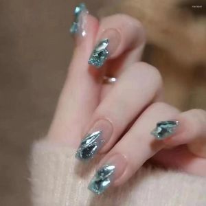 False Nails Gradient Blue French Long Press Occono con decorazioni di diamanti lucido Falso per Lady Bride Manicure Salon Salon Arte fai -da -te