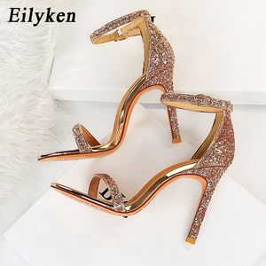 Sandálias Eilyken Silver Champagne Sexy High Heels Peep Toe Women Buckle Strap Gladiator Stiletto Wedding Rhine Stone Shoes 230408