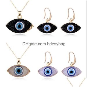 Earrings & Necklace Blue Inspired Evil Eye Druzy Drusy Pendant Necklace Earrings Jewelry Set Resin Quartz Crystal Fashion For Drop Del Dhsry