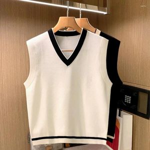 Erkek yelek kazak yelek erkekler gevşek kontrast renk örme v yaka öğrenci all-fatch temel üstler harajuku kolsuz jumperlar Korean moda f142