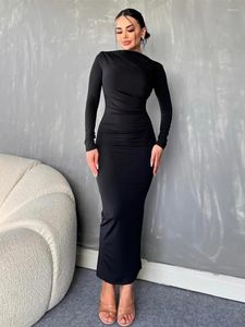 Casual Dresses 2023 Kvinnors höga midja Folds Tunics Black Dress Elegant Office Lady O-Neck BodyCon Evening Party Long Streetwear