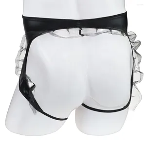 Underpants Buttocks Hollow Men Sexy Faux Leather Briefs Exposed Hips File Jackstrap Male Mesh Ruffled Underwear Panties Sleepwear 2023