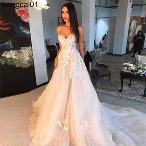 어깨 샴페인 웨딩 드레스 오프 파티 드레스 3D 아이보리 아플리케이 라인 연인 레이스 코르셋 백 신부 결혼식 2021 공식 0408H23