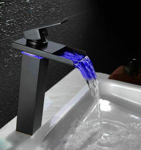 106quot Black Eau Powered LED Faucet Bathroom Bassin Robinet Brass Mixer Tap Waterfall Faucets Cold Crane Basin Tap3306494