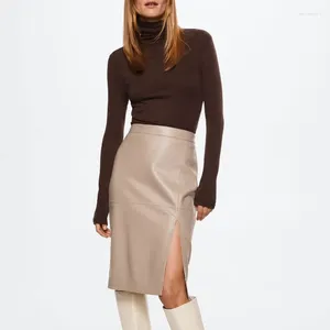 Faldas de mujer de cuero genuino 2023 Otoño Invierno cintura alta lateral vestido ceñido dividido falda de moda de piel de oveja para mujer hasta la rodilla