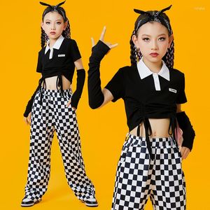 Scene Wear Modern Dance Hip Hop Clothing for Girls Black Crop Tops Plaid Pants Kpop Outfits Children Jazz Performance DQS12490