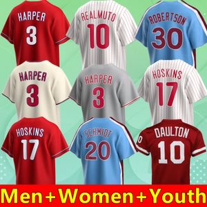 2023 S-4XL 새로운 맞춤 야구 유니폼 남성 여성 청소년 청소년 브라이스 하프 트레아 터너 Rhys Hoskins realmuto Schwarber Kyle Schwarber Stitch Jersey