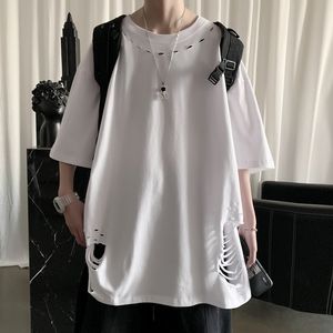 Męskie koszulki letnie eleganckie dziury krótkie koszulki dla mężczyzn odzież moda moda o nokół bluzki luz swobodny koszulka homme streetwear tshirt 230408