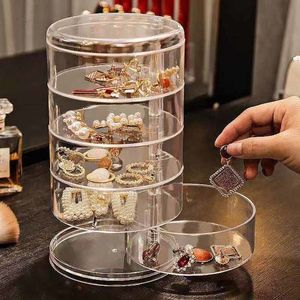 Smyckesinställningar Roterande förvaringslåda Makeup Rack Armband Earring Round Plastic Organizer Boxes Holder Display med Cover 230407