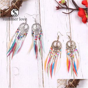 Dangle Chandelier Vintage Ethnic Rainbow Feather Earrings For Women Gold Long Chain Tassel Earring Wedding Dhq0Y