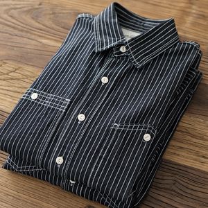 Men's Casual Shirts 11.5OZ Spring/Summer Long Sleeve Polo Neck Denim Stripe Tool Shirt Men's Fashion Wash Retro Casual Fit Jacket 230408