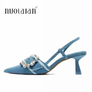 Klänningskor mode kvinnor blå denim höga klackar elegant pekade tå pumpar kontor lady klackade slingbacks skor kvinna strass klackar 231108