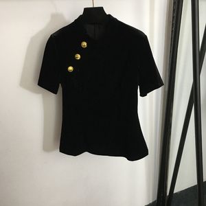 新しい女性ブラックトップTシャツoネック半袖ライオンヘッドボタンスリムファッショントップTシャツクラブパーティーティー