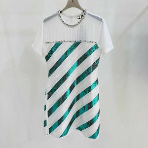 Grundläggande casual klänningar Summer Stripe Colorful pärlor Mesh Dress with Round Neck and Diamond Contrast Style SD2I