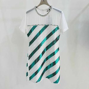 Grundläggande casual klänningar Summer Stripe Colorful pärlor Mesh Dress with Round Neck and Diamond Contrast Style