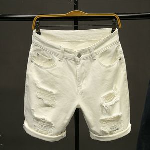 Men's Shorts Summer white black and khaki men's cardigan loose straight jeans fashion hip-hop Bermuda hole casual denim cargo shorts 230408