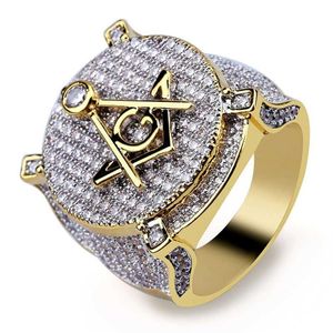 Hip Hop Micro Pave Cyrcon Masonic Syget Gold Pierścień Lodowany Pełny CZ Kamienny pierścień dla mężczyzn Mason Ring Band275h