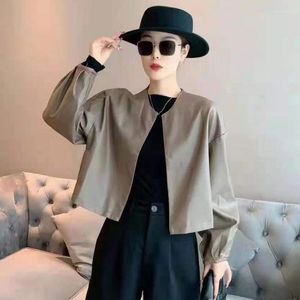 Women's Leather Small Coat Spring And Autumn Soft Loose Puff Sleeves Top Western Style Black Fashion Round Neck