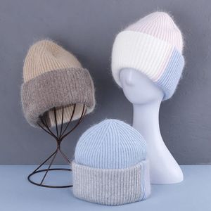 Beanie/Skull Caps Rabbit Fur Winter Hat For Women Beanies Soft Warm Fluffy PinkyColor Angora Sticked Hat Skallies Beanies för 231108