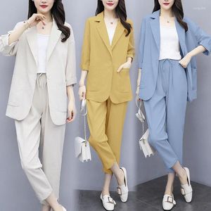 Kvinnors träningsdräkter Spring Autumn Två stycken Set Women Suits Cotton Linen Blazers Casual Elegant Office for Ladies Style Long Pants Set