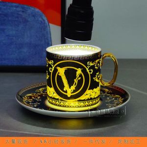Bone China Universal European-style Ceramic Cups Creative Design Black V Pattern Quality Tracing Gold Handle
