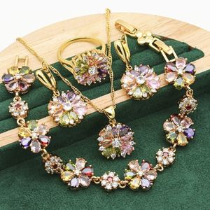 Charm Bracelets Classic 925 Silver Gold Color Jewelry Sets For Women Wedding Multicolor Zircon Bracelet Earrings Necklace Pendant Ring 4PCS 230407