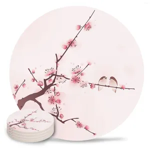 Bord Mattor Pink Cherry Blossom Bird Ink Style Ceramic Coasters Set Round Non-Slip Placemats Coffee Drink Mat Home Decor