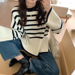 Women's Sweaters Autumn And Winter Korean Vintage Stripe Sweater 2023 Knitwear Loose Slim Long Sleeve Small Top