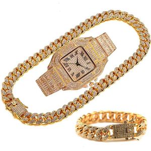 Miami Kuba Necklace Armband Watch Set Star Stjärndiamanten Men European och American Hip Hop Rap Accessories