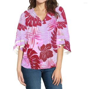 Kvinnors blusar Summer Lady Top Shirt Polynesian Tribal Clothing Samoa Tapa Tapa Floral Pink Print Half Sleeve Chiffon V-Neck Blue