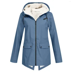 Women's Jackets Plush Thicken Jacket Women Outdoor Plus Size Hooded Raincoat Solid Color Windproof Winter Hoodies Water Proof Sports