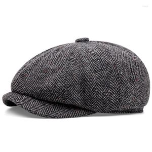 Береты, осенне-зимняя кепка Sboy для мужчин, модный шерстяной берет, восьмиугольная шляпа в французском стиле художника, с узором «елочка» Boina