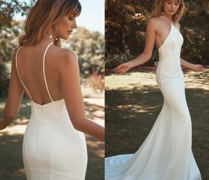 Robe De mariée sirène Sexy, sans manches, col licou, dos nu, en Satin doux, pour femmes, robes De plage, 2024