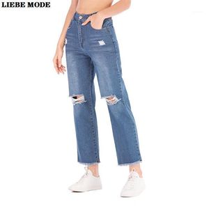 Jeans masculinos da perna reta feminina Jean Pants Mulheres coreanas soltas Mom mamãe largo Borno Bottom calça de jeans Blue Cottom Hole