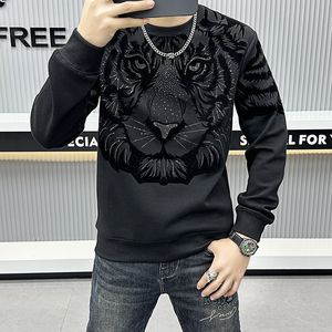 Cabeça de tigre camisola masculina vintage pulôver alta qualidade quente diamante em torno do pescoço masculino camisa inferior marca moda 2023 novas roupas outono