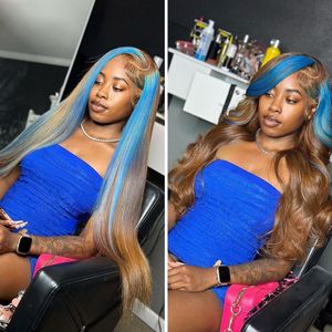 Brown with Blue Highlights Lace Front Wig Colored Straight Body Wave Human Hair Wigs for Women Pre Plucked Transparent Lace Wig