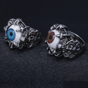 Band Rings Wholesale Uni Punk Retro Dragon Claw Red Evil Eye Skl Stainless Steel Biker Ring Drop Delivery Jewelry Ring Dhgarden Dhui3